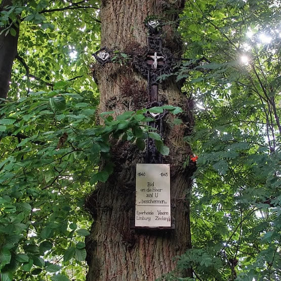 Boomkruis op de grens van het Onderste en het Bovenste Bos. Twen Mordang was in de oorlog als militair gestationeerd in het Zeeuwse Veere. Het was voor hem een zware tijd, vooral om zijn grote familie in Epen achter te laten. Hij kwam de oorlog goed door, evenals zijn familie. Uit dankbaarheid voor de goede afloop plaatste hij dit kruis in het Bovenste bos te Epen.